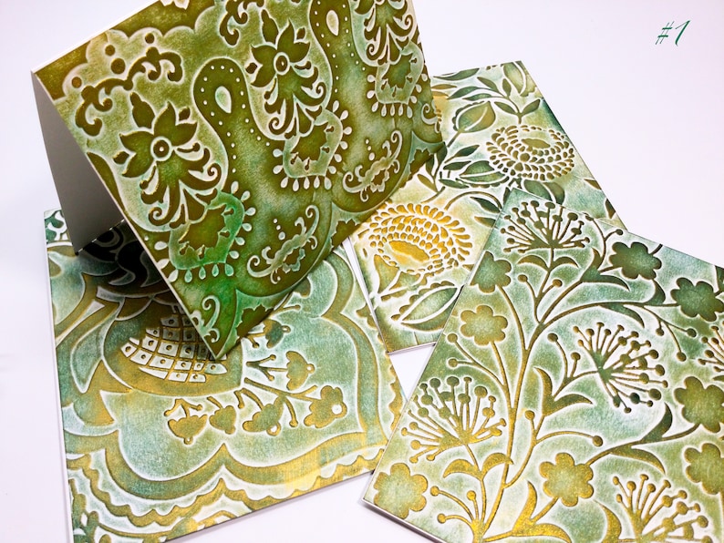 Gold accents Patina like Embossed Shimmer cards Botanical cards Overlapping rings circles