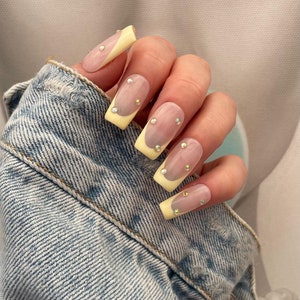 PRIMROSE | Lemon French & Rhinestones Set | Hand Painted Press On Nails | Builder Gel Nails | Medium Square|Shown in Image