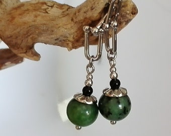 Green - black ruby zoisite stud earrings, hanging