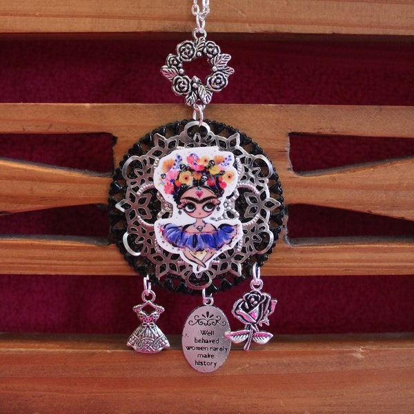 Frida Kahlo Floral Purple Tutu Art Charm Necklace: "Rebel Frida Love"