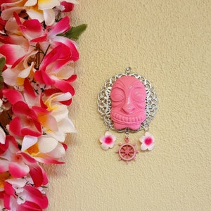 Hibiscus Tiki Decor, Pink Tiki Necklace, Tiki Party, Tiki Wall Decor, Tiki Bar Supplies, Pink Tiki Ornament, Hibiscus: &quot;Hibiscus Tiki Love&quot;