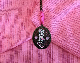 Pink Retro Mermaid Necklace, Pinup Tropical Mermaid Necklace, Pink Mermaid Cabochon Necklace, Gift for her: "Magnificent Mermaid Love"