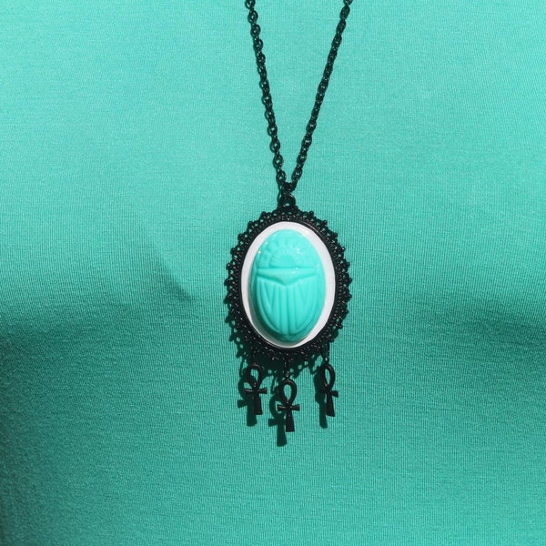 Egyptian Scarab Necklace, Green Scarab Cabochon Necklace, Blue Egyptian Necklace, Hieroglyph Necklace, Ankh Charms: "Mint Green Scarab Love"