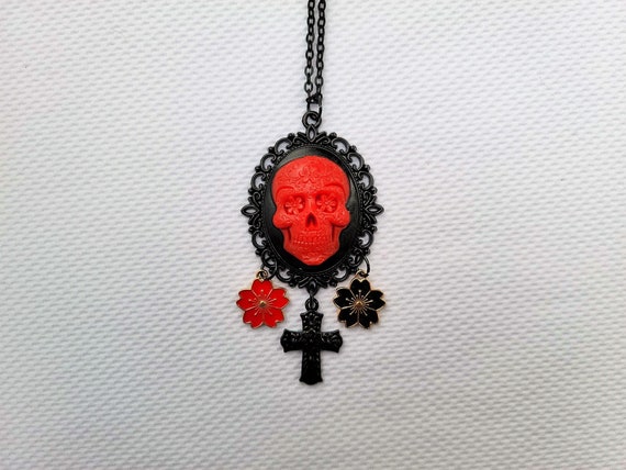 Cherry Red Skull Red Skull Necklace Sugar Skull Jewelry Dia De