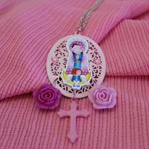Pink Virgin Mary Necklace, Pink Virgen Mary Necklace, Cristian Spiritual Necklace, Pink Religious Folk Art, Gift for Her: &quot;Virgen Cita&quot;