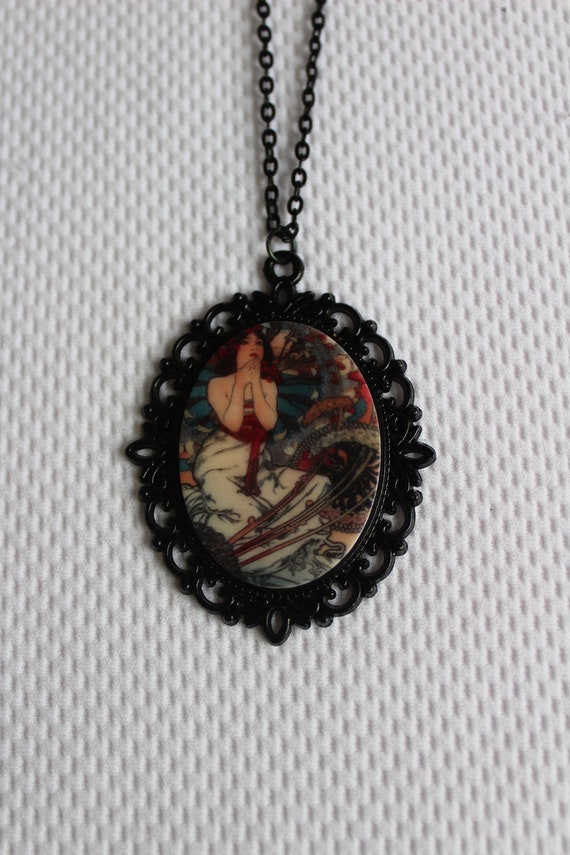 Art Noveau Necklace, Painting Necklace, Art Work Necklace, Famous Art Necklace, Artist Necklace, Alphonse Mucha Tribute: "Art Noveau Love"