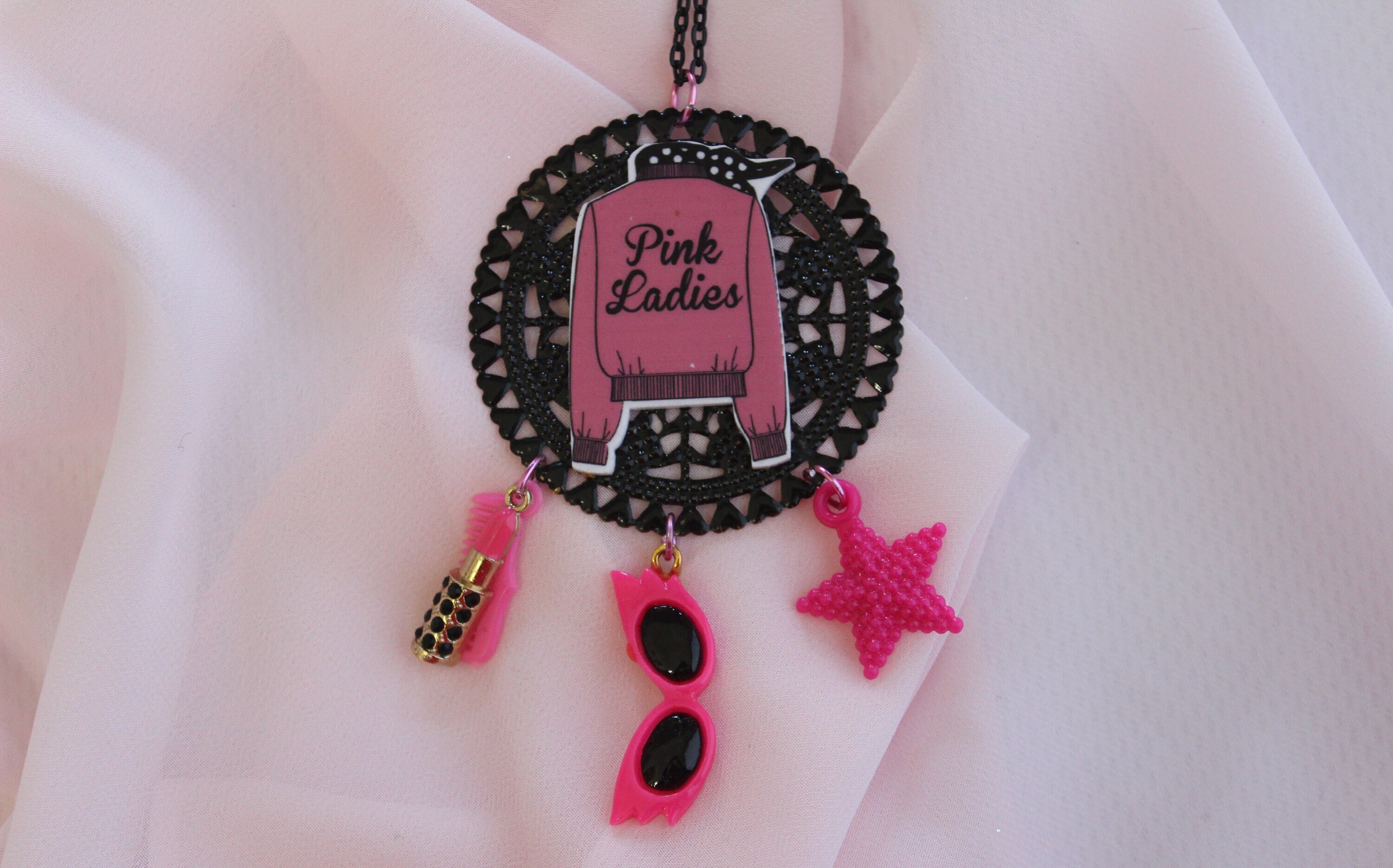 Pink Ladies Necklace Musical Necklace 50s Necklace Leather Jacket Necklace Grease Necklace Sandy Necklace Rizzo Pink Ladies Love
