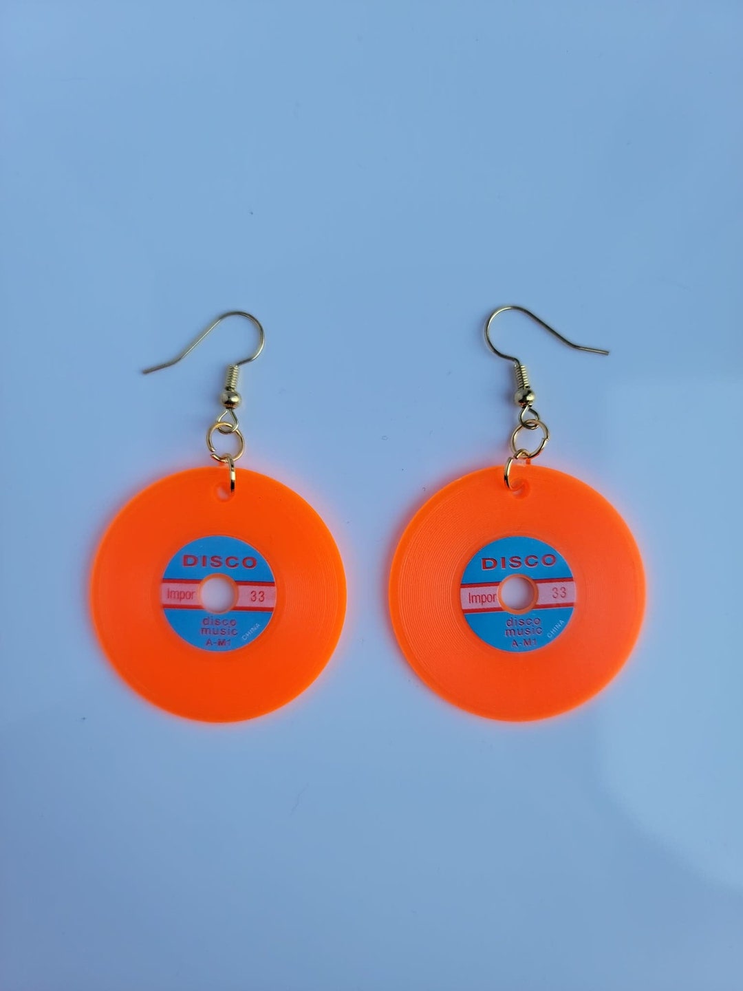 Disco Earrings Record Earrings Neon Orange Earrings Costume Etsy