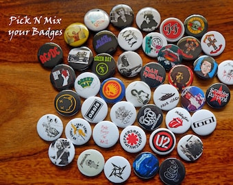 Rock Badges 25mm Button Badge - Pick and Mix your choice of badges - Heavy Metal - Rock - Grunge - Indie - Alternative