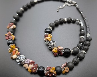 Elegant Necklace/Bracelet set, Jasper Lava Natural Stone beads, Boho statement jewelry