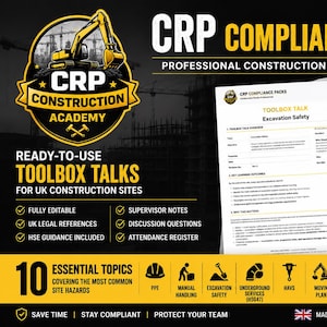 May include: A set of CRP Compliance Packs featuring professional construction safety documents and toolbox talks. The materials include excavation safety guides, risk assessments, and site inspection checklists with yellow and black branding.
