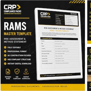 May include: A digital RAMS master template for construction projects, featuring a black and yellow color scheme. The document includes sections for risk assessment and method statements, with fields for project details, site, client, and approval names.