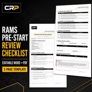 May include: A two-page RAMS Pre-Start Review Checklist template by CRP. The document features sections for project details, scope, hazards, risks, controls, people, plant, access, PPE, emergency arrangements, briefing, authorization, and approval.