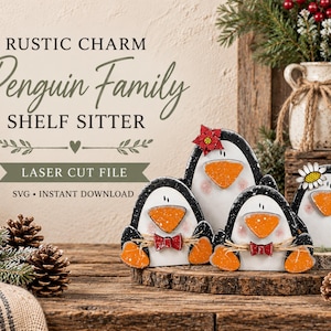 May include: A set of three wooden penguin shelf sitters with black and white bodies, orange beaks, and orange feet. Two penguins wear red bow ties, and one has a red poinsettia flower. Text reads: RUSTIC CHARM Penguin Family SHELF SITTER.