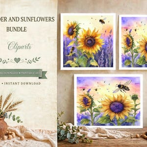 Puede incluir: Un paquete de descarga digital con tres impresiones artísticas estilo acuarela de girasoles, lavanda y abejas. El texto dice LAVENDER AND SUNFLOWERS BUNDLE, Cliparts, DIGITAL DOWNLOAD, PRINTABLE ART y SVG INSTANT DOWNLOAD.