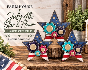 May include: Three wooden star-shaped decorations featuring blue tops with star cutouts and red and white striped bottoms. Each star is adorned with layered flower cutouts in teal, dark blue, and pink with circular centers. Text reads: FARMHOUSE July 4th Star & Flower LASER CUT FILE INSTANT DOWNLOAD.
