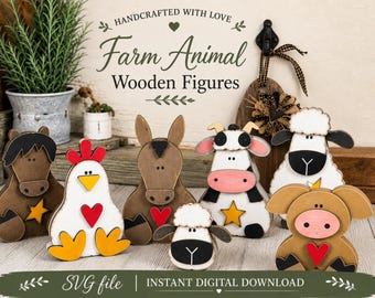 Paquete de imágenes SVG de animales de granja para decorar estantes: Archivos de corte láser (descarga digital)