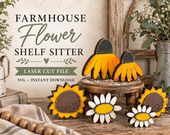 May include: A collection of wooden flower shelf sitters featuring two yellow and black coneflowers, two yellow and brown sunflowers, and two white and yellow daisies. The text reads FARMHOUSE Flower SHELF SITTER LASER CUT FILE SVG INSTANT DOWNLOAD.