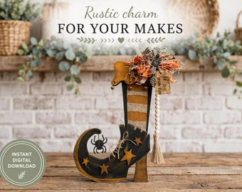 Stivaletto/Scarpa da strega, Halloween/Stile rustico/Primitivo, download digitale SVG per Glowforge o laser