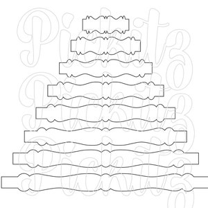 May include: A set of seven black and white decorative wood trim pieces with a scalloped design. The trim pieces are stacked on top of each other, with the largest piece at the bottom and the smallest piece at the top.