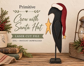 Corvo primitivo con cappello di Babbo Natale SVG: File di taglio laser natalizio (Download digitale)