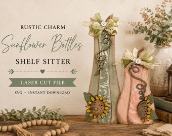 May include: Two flat, bottle-shaped wooden shelf sitters featuring laser-cut designs. The taller one is sage green with a white floral pattern, and the shorter one is light pink with a white floral pattern. Both have sunflower cutouts and bows.
