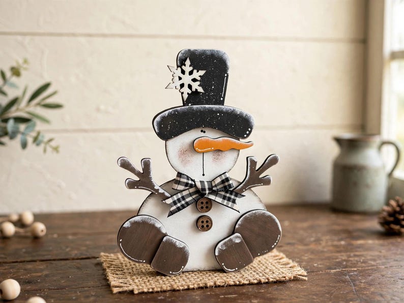 Op de afbeelding: Een houten sneeuwpopfiguur met een zwarte hoge hoed voorzien van een witte sneeuwvlok, een oranje wortelneus en een zwart-wit geblokte strik. De sneeuwpop heeft twee bruine knopen op de borst en donkerbruine takachtige armen.
