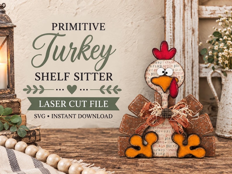 Pu&ograve; includere: Una figura di tacchino tagliata al laser da appoggio, con corpo a motivi testuali, cresta rossa, becco arancione e piedi arancioni. Il tacchino &egrave; decorato con un fiocco in tessuto marrone. Il testo PRIMITIVE Turkey SHELF SITTER LASER CUT FILE SVG &egrave; visibile.