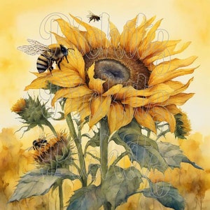 Abejas y girasoles, Descarga instantánea, Imprimible 8x8, Etiquetas de latas de decoupage de sublimación Vintage Primitive Farmhouse