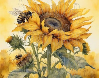Bees and Sunflowers, Instant Download, Printable 8x8, Sublimation Decoupage Cans Labels Vintage Primitive Farmhouse
