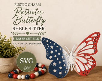 Diseño SVG de mariposa patriótica para estante: archivo de corte láser estilo granja (descarga digital)