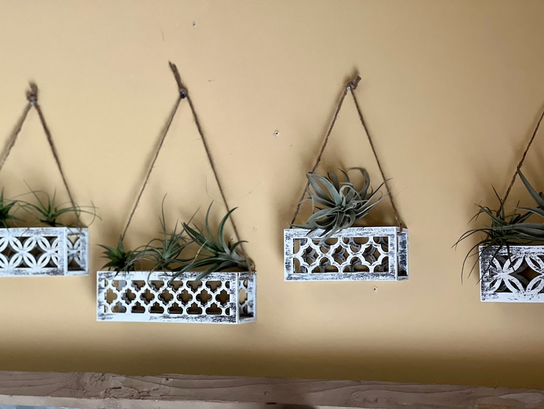 May include: Four white hanging planters with a geometric design, each holding a green air plant. The planters are suspended from the ceiling with twine.