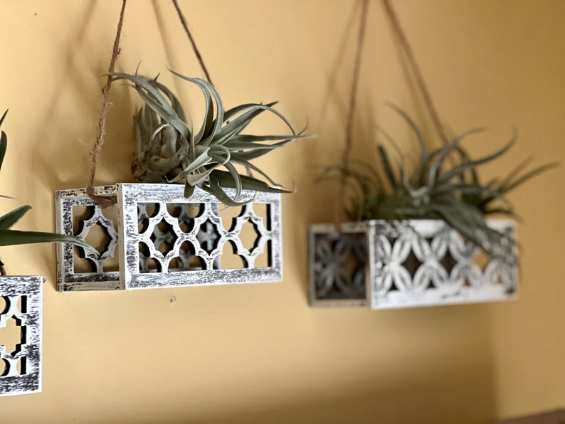 May include: Three white wooden hanging planters with intricate cut-out designs. Each planter is filled with a green air plant and hangs from a string.
