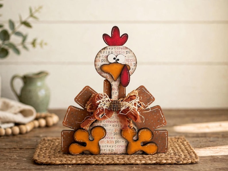 Pu&ograve; includere: Una statuetta decorativa a forma di tacchino in legno, con cresta rossa, becco arancione e volto bianco con motivi testuali neri. Il corpo presenta piume di coda marroni smerlate, zampe arancioni e un fiocco in tessuto arancione sfilacciato.