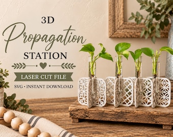 May include: A propagation station featuring four clear glass test tubes held by white laser-cut wooden stands with intricate geometric patterns. The text 3D Propagation Station Laser Cut File SVG Instant Download is displayed in the image.