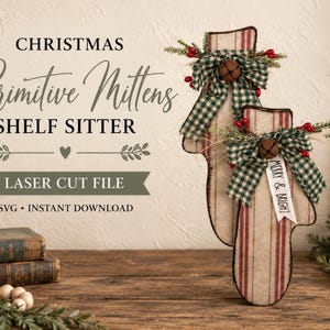 May include: Two wooden mitten-shaped shelf sitters featuring a red and white vertical striped pattern. Each is adorned with a green and white checkered bow, a small brown jingle bell, red berries, and greenery. One tag reads Merry & Bright.
