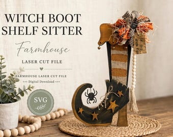Bota/Zapato de bruja, Halloween/Estilo rústico/Primitivo. Descarga digital SVG para Glowforge o láser.