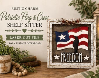 Bandera patriótica y adorno de cuervo para estante (archivo SVG) - Archivo de corte láser Glowforge (descarga digital)