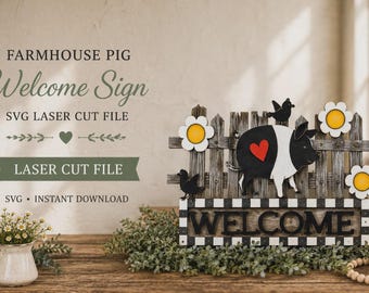 Letrero de bienvenida con diseño de cerdo de granja en formato SVG: Archivo de corte láser (descarga digital)