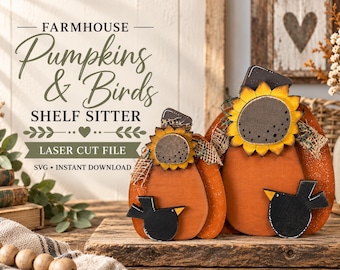 May include: Two orange wooden pumpkin decorations with black bird cutouts and yellow sunflower accents. The text reads: FARMHOUSE Pumpkins & Birds SHELF SITTER LASER CUT FILE SVG INSTANT DOWNLOAD. The pumpkins have dark brown stems and burlap details.