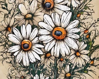 Grunge Daisy Flowers Primitive Farmhouse, Instant Download, Printable 8x10, Sublimation Decoupage Cans Labels