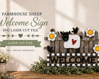 Letrero de bienvenida con diseño de ovejas de granja en formato SVG: Archivo de corte láser (descarga digital)