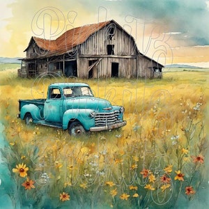 Pacchetto vecchio camion Chevy e fienile, 3 stili, fattoria primitiva, download istantaneo, stampabile 8x8, etichette per lattine decoupage a sublimazione