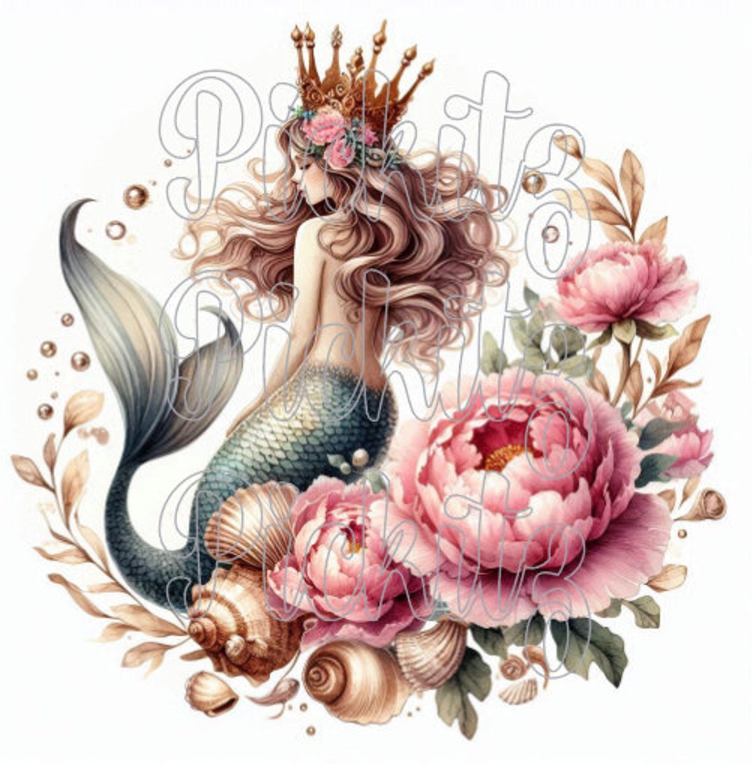 Mermaid and Peonies Art: Primitive Farmhouse Style (digital