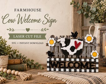 Letrero de bienvenida con vaca de granja en formato SVG: Archivo de corte láser (descarga digital)