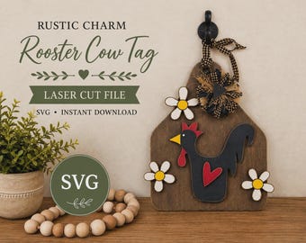 Etiqueta SVG de gallo y vaca estilo granja: archivo de corte láser (descarga digital)