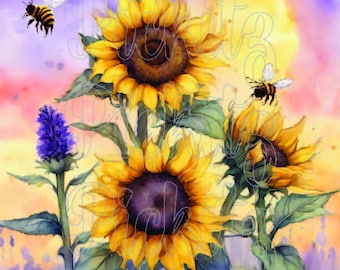 Lavender and Sunflowers Print: Primitive Farmhouse Style (Digital Download)