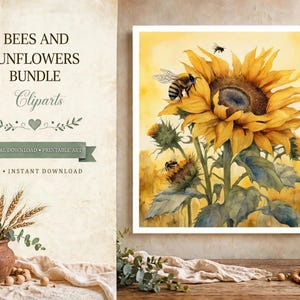 Puede incluir: Una impresión de arte digital que muestra un gran girasol amarillo con dos abejas, una volando y otra descansando sobre los pétalos. El texto a la izquierda dice BEES AND SUNFLOWERS BUNDLE, Cliparts, DIGITAL DOWNLOAD, PRINTABLE ART, SVG INSTANT DOWNLOAD.
