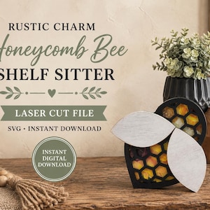 Puede incluir: Un archivo de corte láser para una figura de abeja con marco de panal negro, detalles en amarillo y naranja y dos alas blancas. El texto dice RUSTIC CHARM Honeycomb Bee SHELF SITTER LASER CUT FILE SVG INSTANT DOWNLOAD.