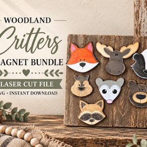 May include: A set of seven wooden animal head magnets including a fox, moose, skunk, squirrel, opossum, bear, and raccoon. The text WOODLAND Critters MAGNET BUNDLE LASER CUT FILE SVG INSTANT DOWNLOAD is displayed on the left side of the image.